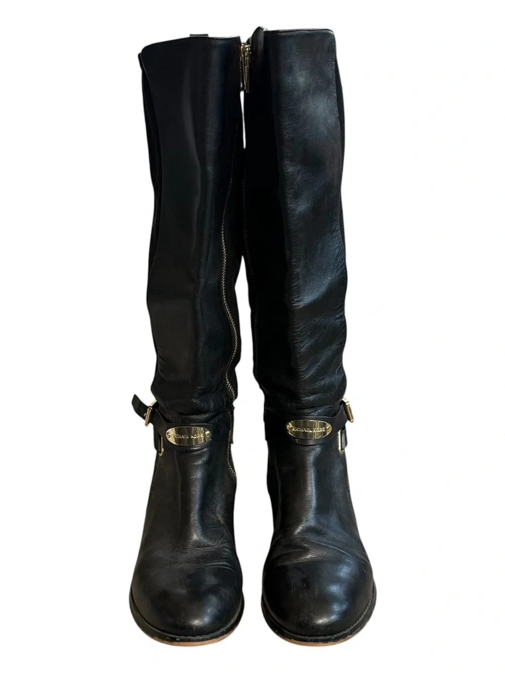 MICHAEL KORS Black Leather Riding Boots Gold Logo Buckle Side Zip Women’s 8.5